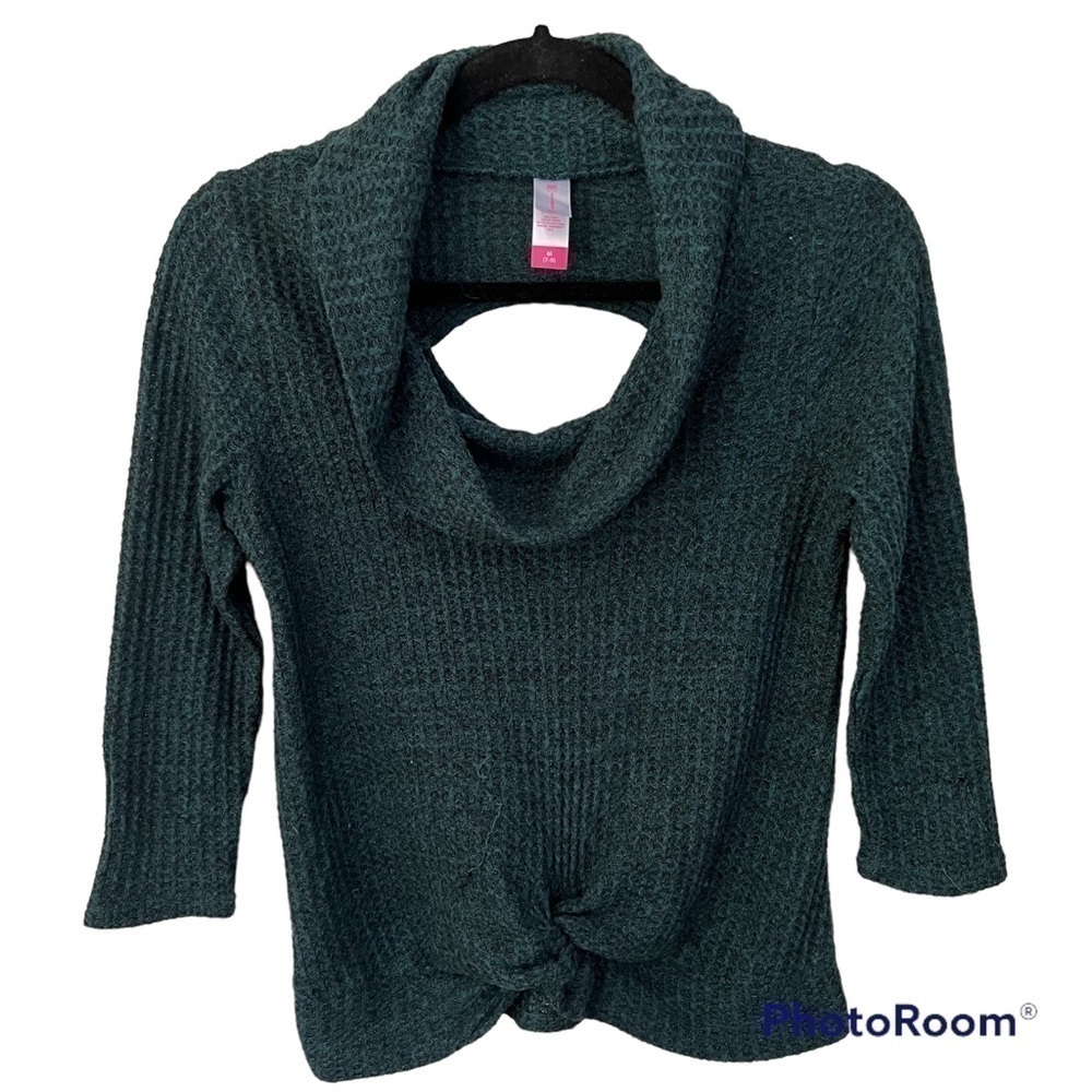 NO Boundaries green knit cowl neck sweater back cut out M 3/4 sleeves front tie.